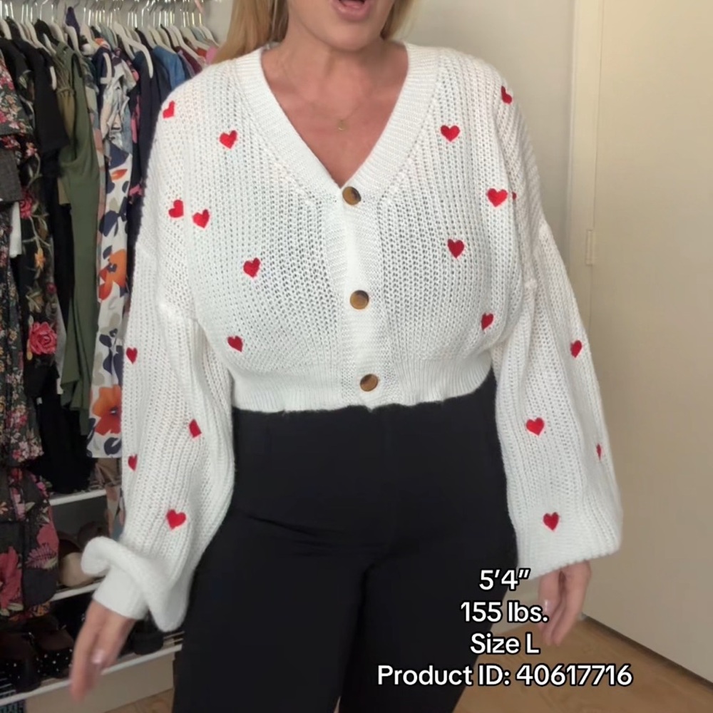 White Red Heart Patterned Women's Knit Drop Shoulder Cardigan Sweater